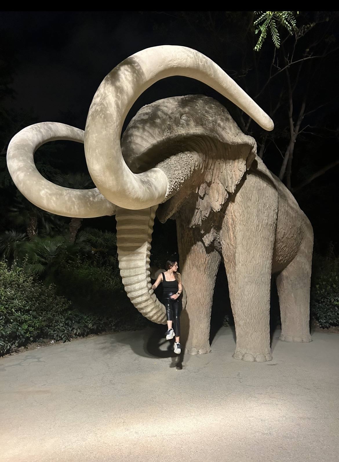 Vero de noche junto a la escultura del mamut en Barcelona