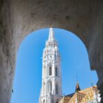 Viajar a europa barato: aguja de la iglesia de Matías en Budapest vista desde un arco de piedra